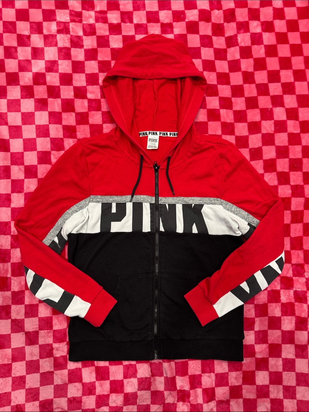 VINTAGE PINK Victoria's Secret Red Black White Colorblock Zip-Up Hoodie